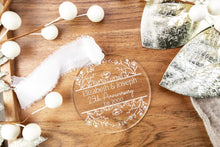 Load image into Gallery viewer, Clear Acrylic Personalized 25th anniversary ornament with engraved Names and wedding year on a wooden surface with decorative elements.