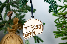 Load image into Gallery viewer, Personalized Wood Racing Helmet Ornament