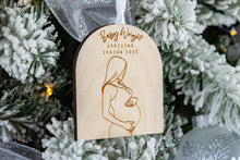 Load image into Gallery viewer, Wood Baby Bump Ornament, Pregnancy Announcement Ornament, Baby Announcement Ornament for Family