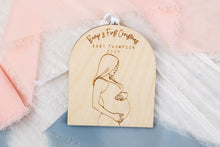 Load image into Gallery viewer, Wood Baby Bump's First Christmas Pregnancy Announcement Ornament, Personalized Gift for Expecting Parents