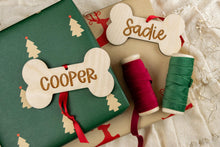 Load image into Gallery viewer, Wood Dog Name Bone Ornament, Personalized Dog Ornament, Custom Dog Ornament, Dogs First Christmas