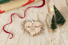 Load image into Gallery viewer, Wood Leafy Heart Married Christmas Ornament, Personalized Wedding Gift