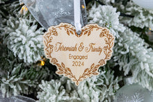 Load image into Gallery viewer, Personalized Engaged Christmas Ornament, Custom Engagement Gift for Couple, Wood Floral Vine Heart Ornament