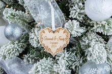 Load image into Gallery viewer, Personalized Engaged Christmas Ornament, Custom Engagement Gift for Couple, Wood Floral Vine Heart Ornament