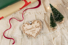Load image into Gallery viewer, Personalized Engaged Christmas Ornament, Custom Engagement Gift for Couple, Wood Floral Vine Heart Ornament