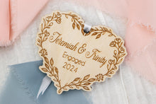 Load image into Gallery viewer, Personalized Engaged Christmas Ornament, Custom Engagement Gift for Couple, Wood Floral Vine Heart Ornament