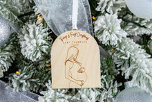 Load image into Gallery viewer, Wood Baby Bump's First Christmas Pregnancy Announcement Ornament, Personalized Gift for Expecting Parents