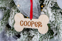 Load image into Gallery viewer, Wood Dog Name Bone Ornament, Personalized Dog Ornament, Custom Dog Ornament, Dogs First Christmas