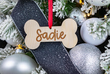 Load image into Gallery viewer, Wood Dog Name Bone Ornament, Personalized Dog Ornament, Custom Dog Ornament, Dogs First Christmas
