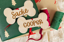 Load image into Gallery viewer, Wood Dog Name Bone Ornament, Personalized Dog Ornament, Custom Dog Ornament, Dogs First Christmas