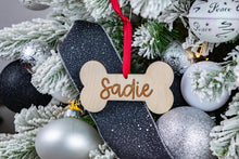 Load image into Gallery viewer, Wood Dog Name Bone Ornament, Personalized Dog Ornament, Custom Dog Ornament, Dogs First Christmas