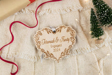 Load image into Gallery viewer, Personalized Engaged Christmas Ornament, Custom Engagement Gift for Couple, Wood Floral Vine Heart Ornament