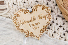 Load image into Gallery viewer, Personalized Engaged Christmas Ornament, Custom Engagement Gift for Couple, Wood Floral Vine Heart Ornament