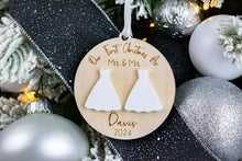 Load image into Gallery viewer, 3D Wood and Acrylic First Christmas as Mr and Mrs, Wedding Gift for Couple, Newlywed Ornament