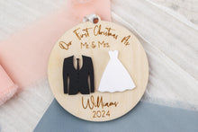 Load image into Gallery viewer, 3D Wood and Acrylic First Christmas as Mr and Mrs, Wedding Gift for Couple, Newlywed Ornament