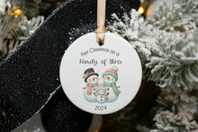Load image into Gallery viewer, First Christmas as a Family of Three Snowman Ornament, Gift for New Parents