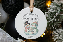 Load image into Gallery viewer, First Christmas as a Family of Three Snowman Ornament, Gift for New Parents