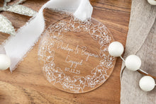 Load image into Gallery viewer, Personalized Engaged Ornament | Custom Engagement Ornament | Floral Wreath Acrylic Keepsake | Engagement Gift for Couple