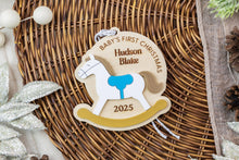 Load image into Gallery viewer, Personalized Rocking Horse Baby's First Christmas Ornament, Custom Newborn Ornament, Keepsake for New Parents