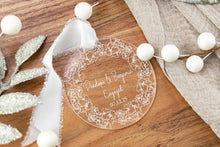 Load image into Gallery viewer, Personalized Engaged Ornament | Custom Engagement Ornament | Floral Wreath Acrylic Keepsake | Engagement Gift for Couple