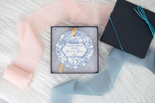 Load image into Gallery viewer, Blue Toile Our First Christmas Married Ornament | Chinoiserie Wedding Ornament | Personalized Newlywed Christmas Ornament