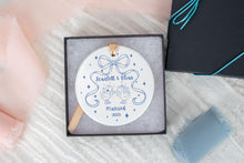 Load image into Gallery viewer, Blue Toile Silly Goose Wedding Ornament | Chinoiserie Married Ornament | Personalized Newlywed Christmas Ornament