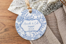 Load image into Gallery viewer, Blue Toile Engagement Ornament | Chinoiserie Engaged Ornament | Personalized Engagement Gift for Couple