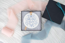 Load image into Gallery viewer, Blue Toile Silly Goose Wedding Ornament | Chinoiserie Married Ornament | Personalized Newlywed Christmas Ornament