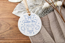 Load image into Gallery viewer, Blue Toile Silly Goose Wedding Ornament | Chinoiserie Married Ornament | Personalized Newlywed Christmas Ornament