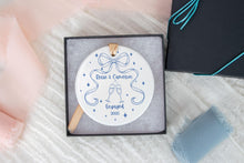 Load image into Gallery viewer, Blue Toile Our First Christmas Engaged Ornament, Chinoiserie Engagement Ornament, Personalized Engaged Ornament, Engagement Gift for Couple