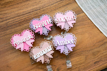 Load image into Gallery viewer, Custom Cute Badge Reel, Personalized Scalloped Heart and Bow Reel, Name Retractable ID Holder, Nurse Badge Reel, Pharmacy, Ultrasound, X-ray