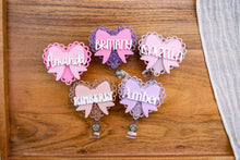 Load image into Gallery viewer, Custom Cute Badge Reel, Personalized Scalloped Heart and Bow Reel, Name Retractable ID Holder, Nurse Badge Reel, Pharmacy, Ultrasound, X-ray