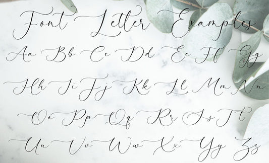 Script alphabet chart showing uppercase and lowercase letter styles for personalizing the baby's name.