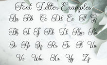 Load image into Gallery viewer, Script font alphabet chart showing uppercase and lowercase letters available for engraving the baby's name.