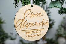 Load image into Gallery viewer, Personalized Engraved Baby Name and Birth Stats Ornament - Birth Announcement Ornament