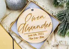 Load image into Gallery viewer, Personalized Engraved Baby Name and Birth Stats Ornament - Birth Announcement Ornament
