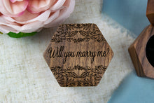 Load image into Gallery viewer, Leafy Pattern "Will You Marry Me?" Proposal Ring Box - Single Slotted Walnut Engagement Ring Box