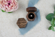 Load image into Gallery viewer, Leafy Pattern "Will You Marry Me?" Proposal Ring Box - Single Slotted Walnut Engagement Ring Box