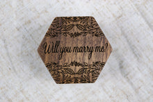 Load image into Gallery viewer, Leafy Pattern "Will You Marry Me?" Proposal Ring Box - Single Slotted Walnut Engagement Ring Box