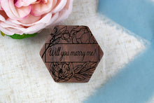 Load image into Gallery viewer, Peony "Will You Marry Me?" Proposal Engagement Ring Box, Walnut Single Slotted Ring Box