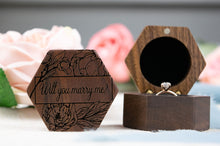 Load image into Gallery viewer, Peony "Will You Marry Me?" Proposal Engagement Ring Box, Walnut Single Slotted Ring Box