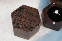 Load image into Gallery viewer, Peony "Will You Marry Me?" Proposal Engagement Ring Box, Walnut Single Slotted Ring Box