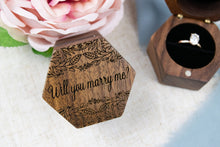 Load image into Gallery viewer, Leafy Pattern "Will You Marry Me?" Proposal Ring Box - Single Slotted Walnut Engagement Ring Box