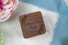 Load image into Gallery viewer, Boho Style Personalized Wedding Ring Box, Walnut Double Slotted Ring Box