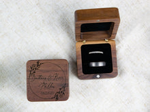 Load image into Gallery viewer, Boho Style Personalized Wedding Ring Box, Walnut Double Slotted Ring Box