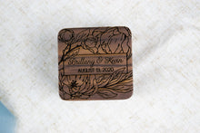 Load image into Gallery viewer, Personalized Floral Wedding Ring Box, Double Slotted Walnut Ring Box with First Names and Date