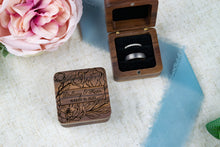 Load image into Gallery viewer, Personalized Floral Wedding Ring Box, Double Slotted Walnut Ring Box with First Names and Date
