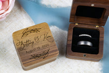 Load image into Gallery viewer, Personalized wedding ring box with first names and wedding date created from walnut wood