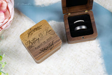 Load image into Gallery viewer, Personalized First Name Ring Box with Wedding Date and Leaf Branch Detail - Double Slotted Walnut Ring Box