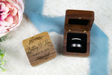 Load image into Gallery viewer, Personalized First Name Ring Box with Wedding Date and Leaf Branch Detail - Double Slotted Walnut Ring Box